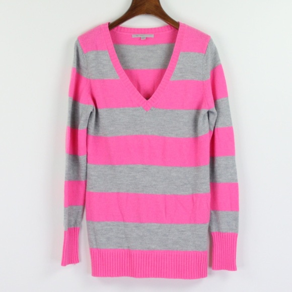 GAP Sweaters - Gap Luxe Gray & Bright Pink Barbiecore Striped Wool Blend V-Neck Sweater Medium